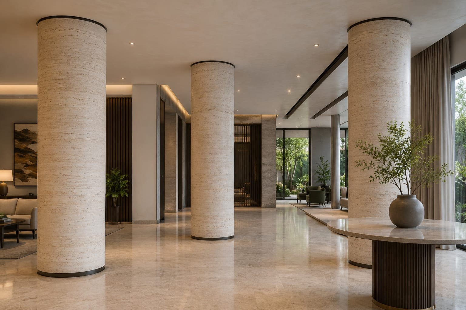 Three round columns in a hotel lobby wrapped continuously in travertine-effect flexible clay cladding