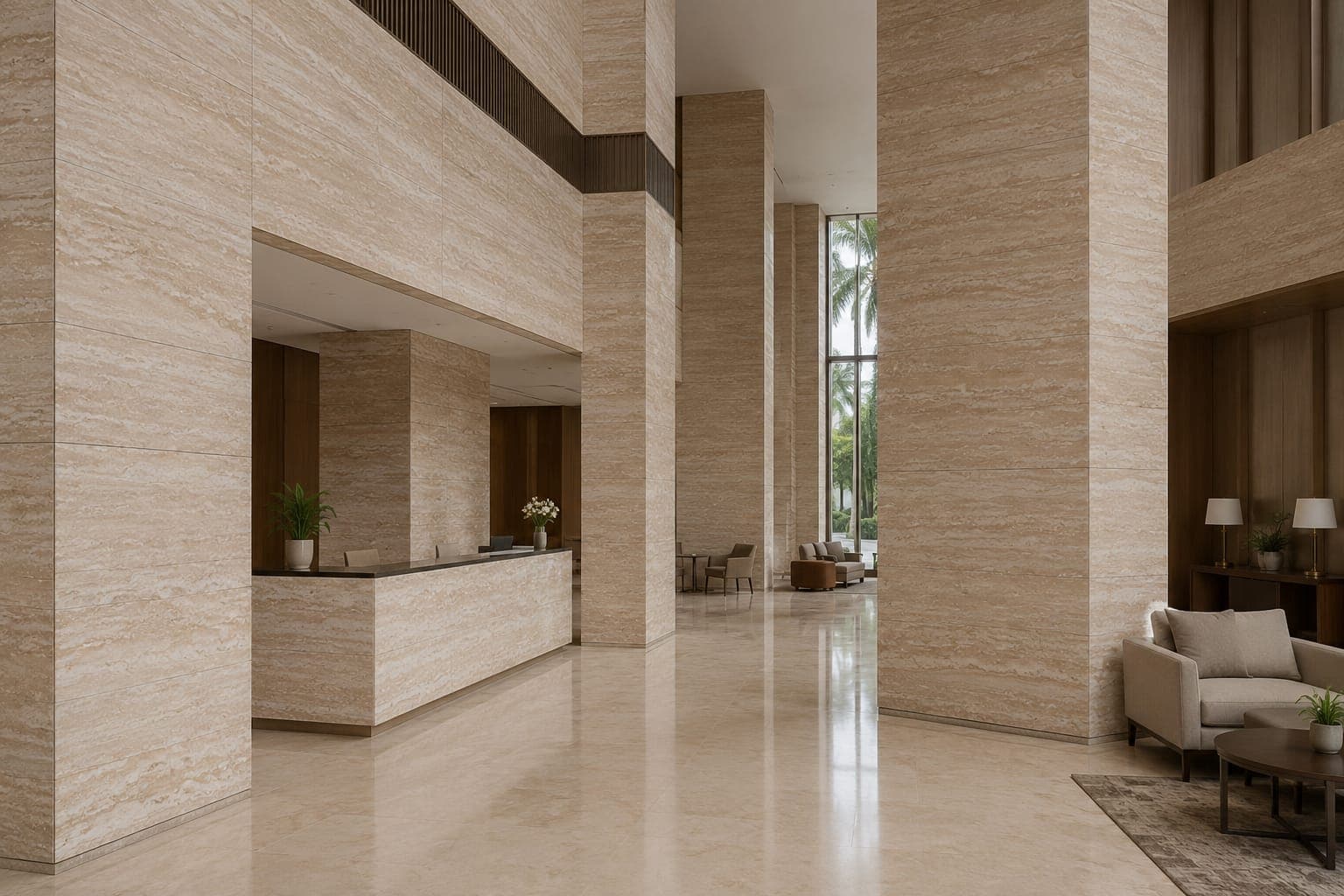 A commercial lobby with clad columns and walls in a pale stone-effect flexible clay finish