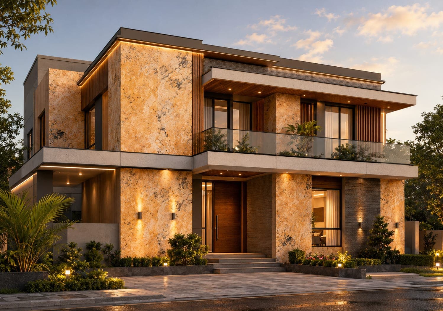 A two-storey residential elevation clad in warm stone-effect flexible clay, lit from below at dusk