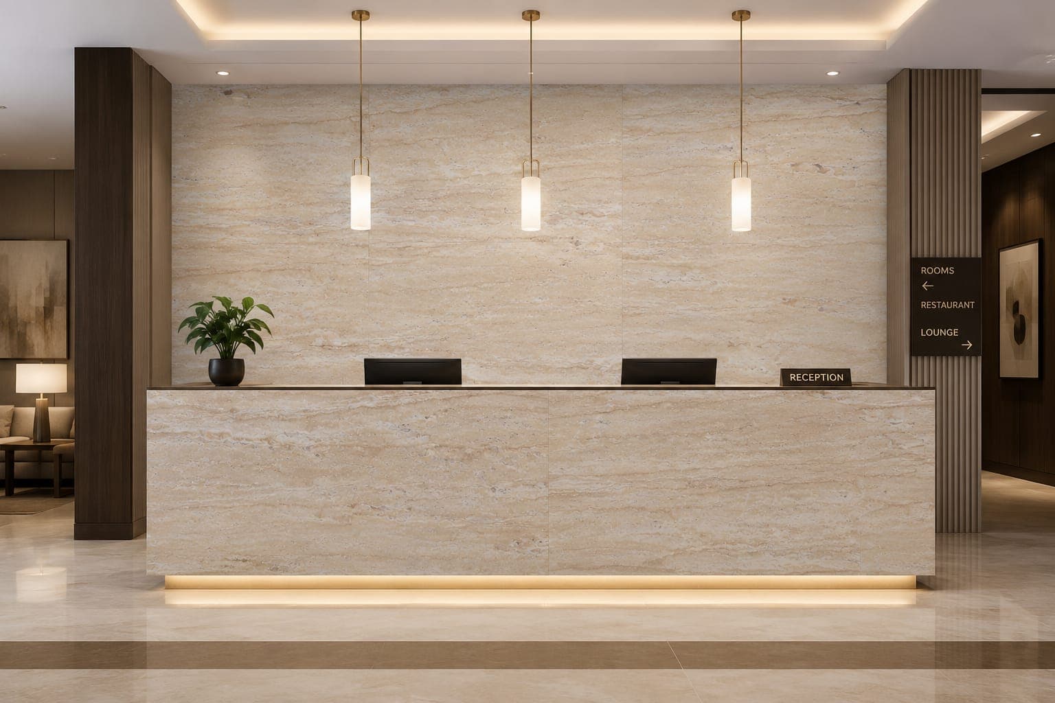 A hotel reception desk and back wall clad in travertine-effect flexible clay under pendant lighting