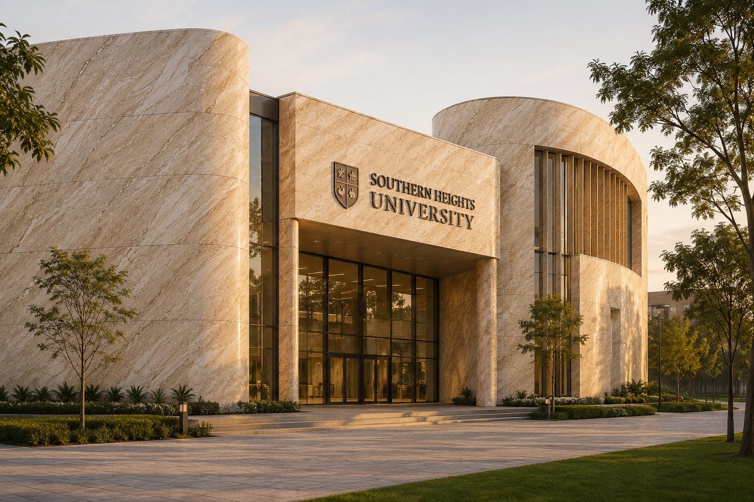 A university entrance building with large curved stone-effect flexible clay façades in warm cream