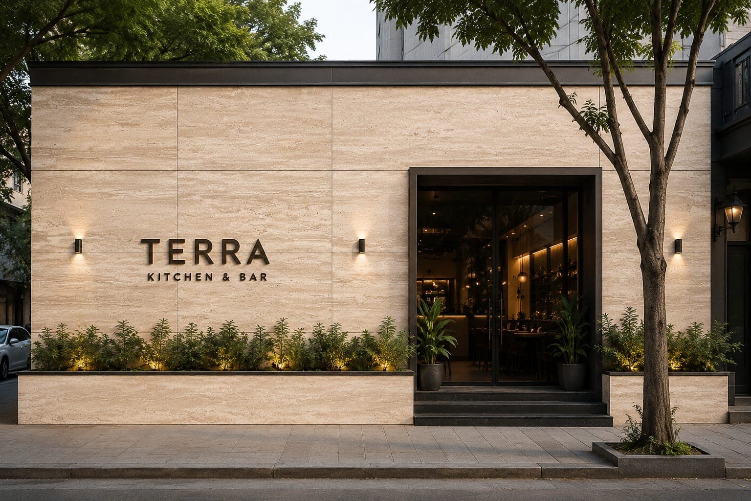 A restaurant shopfront faced in pale stone-effect flexible clay with signage and planting