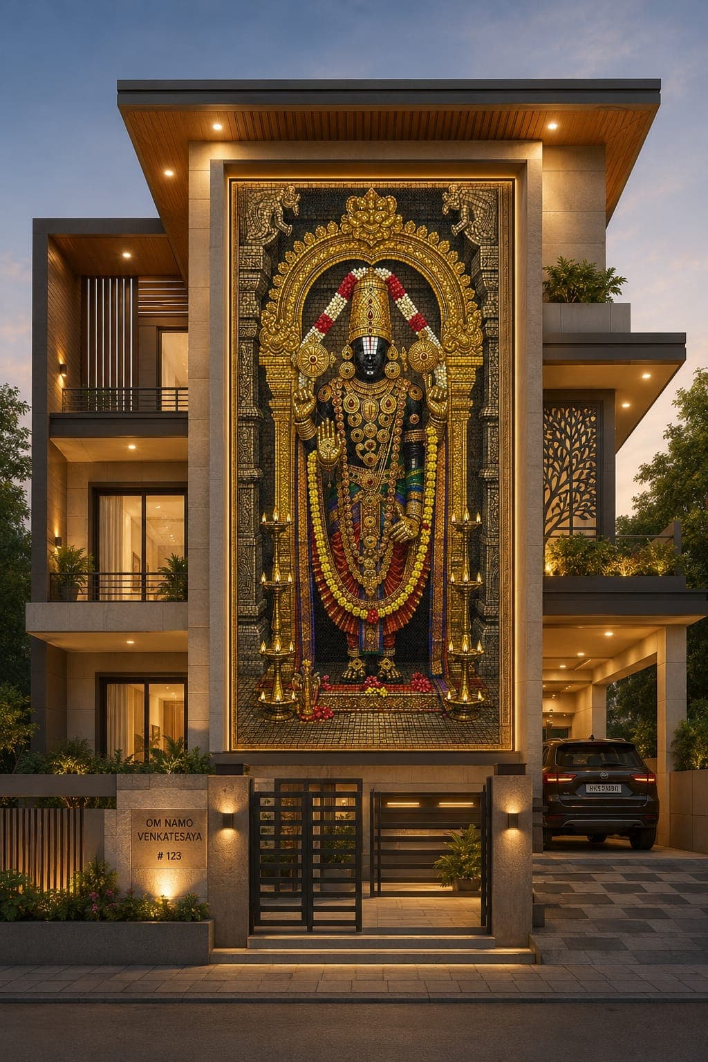 A devotional mural printed on flexible clay cladding, filling the full double-height entrance elevation of a residence and lit at dusk