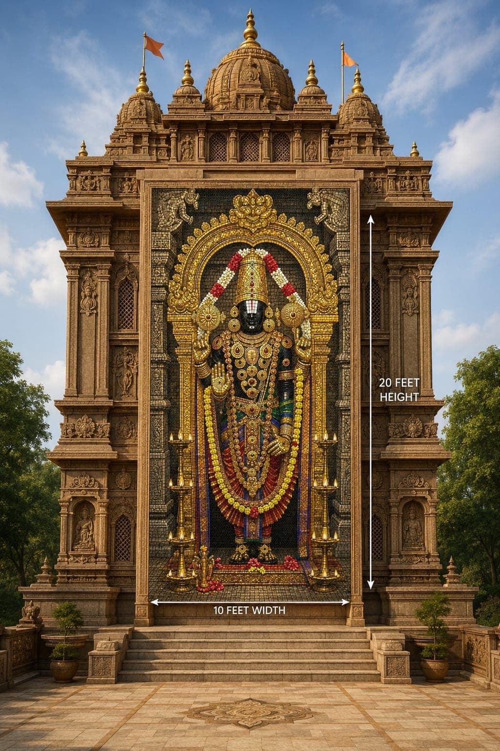 A twenty-foot devotional mural printed on flexible clay cladding, mounted on a temple gopuram and annotated ten feet wide by twenty feet high
