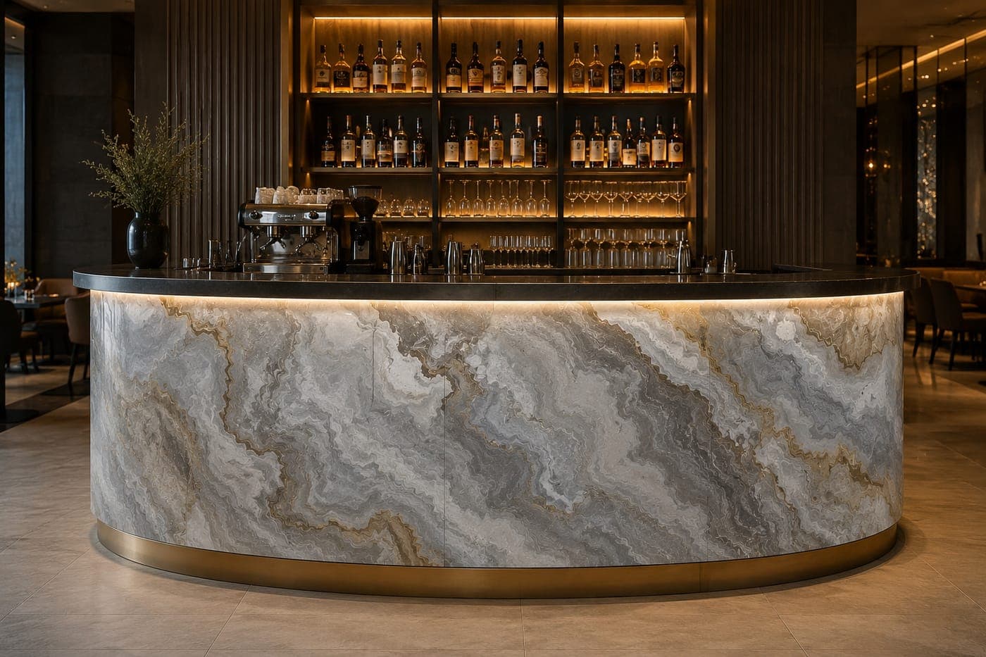 A curved bar front clad in backlit onyx-effect flexible clay, glowing from within along its full length