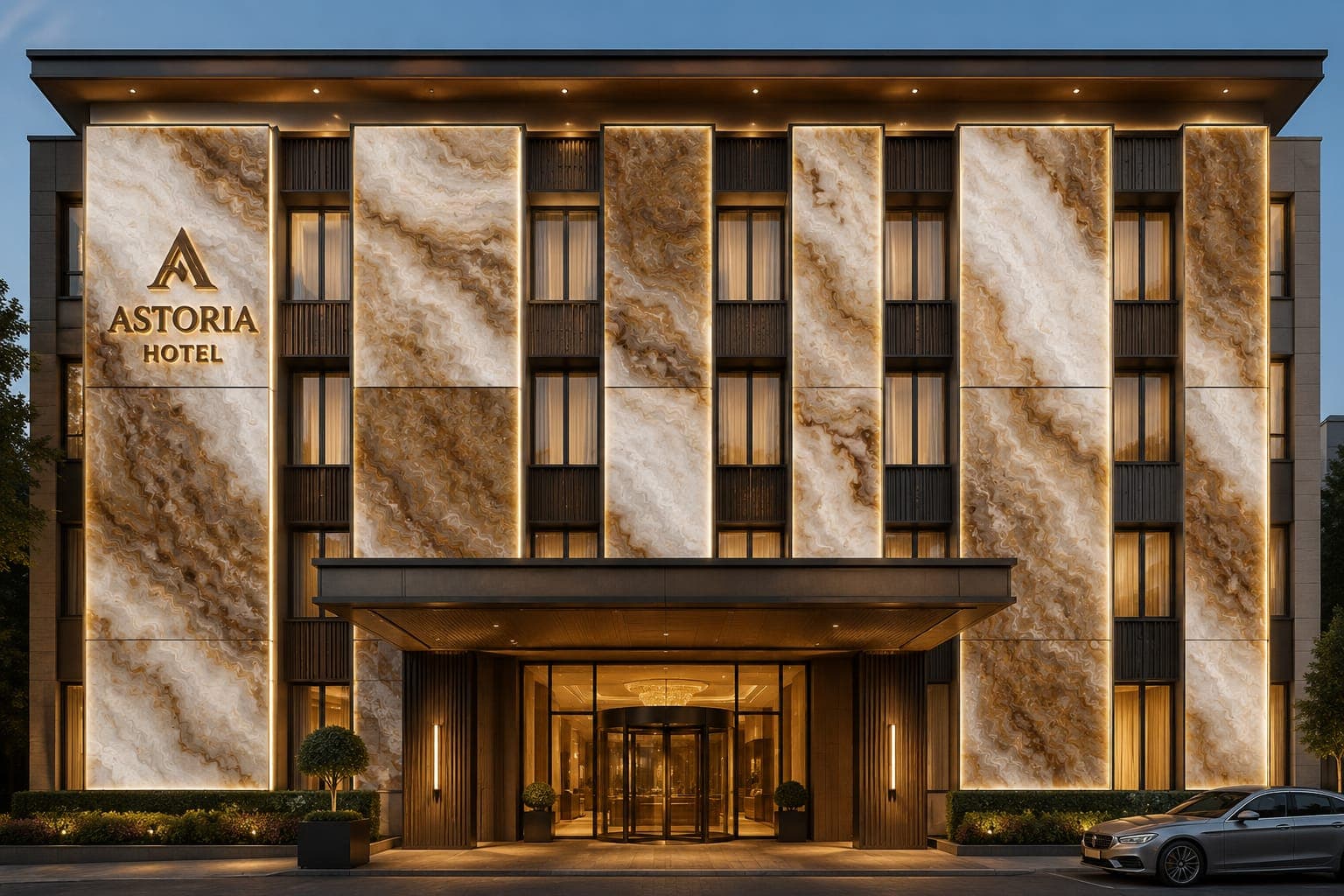 A hotel elevation clad in onyx-effect flexible clay panels lit from behind, each panel glowing against the evening sky