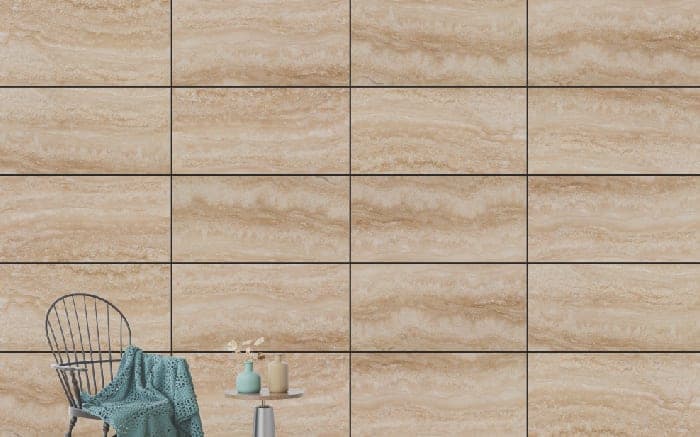 Travertine flexible clay cladding in Random pattern, each tile carrying a different face so no repeat is visible